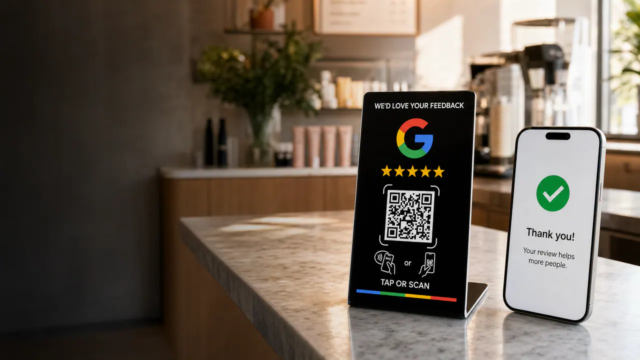 NFC and QR review stand on a business counter