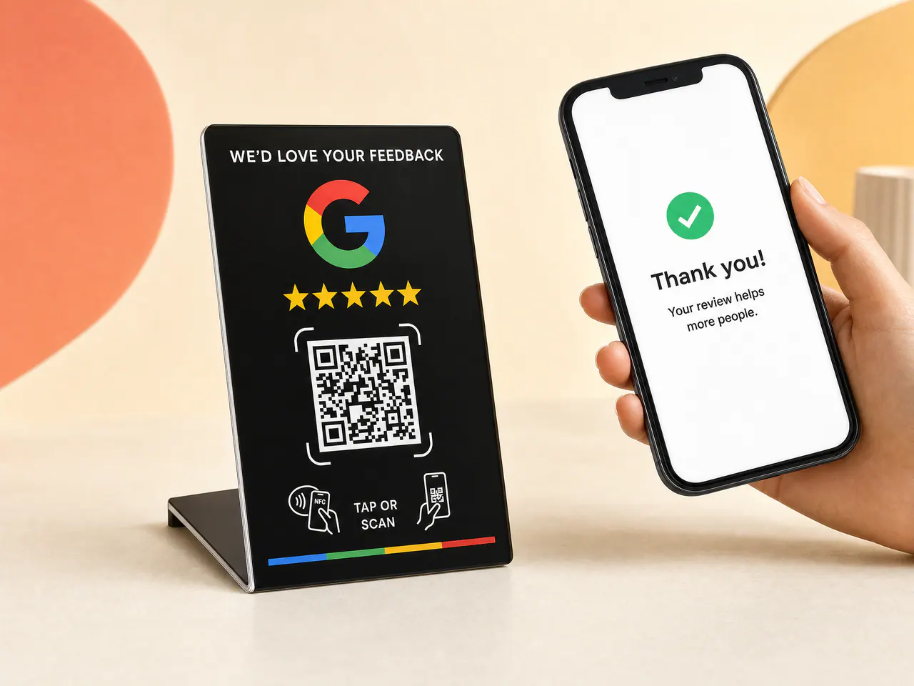 NFC and QR review stand with a phone