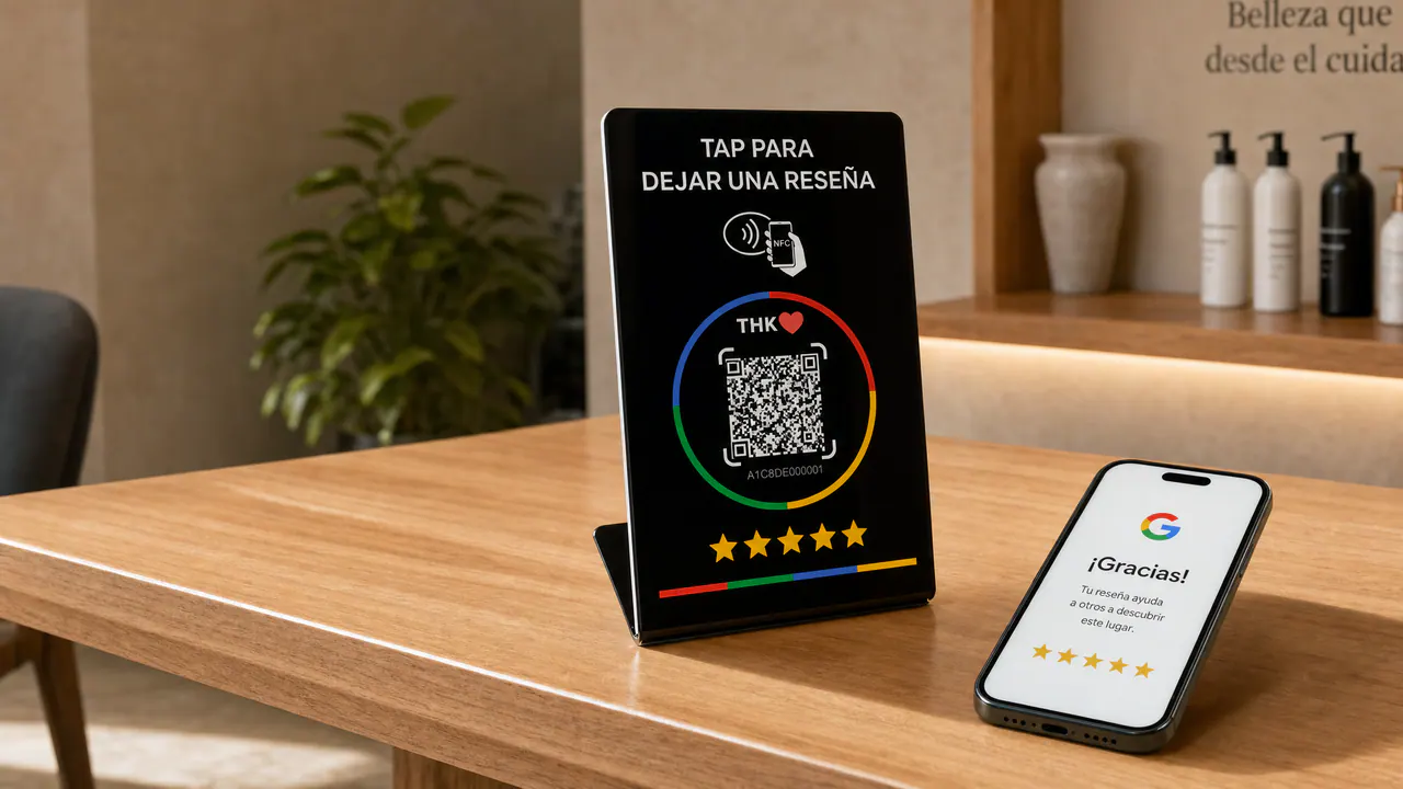 Placa NFC con código QR para solicitar reseñas de Google en un mostrador
